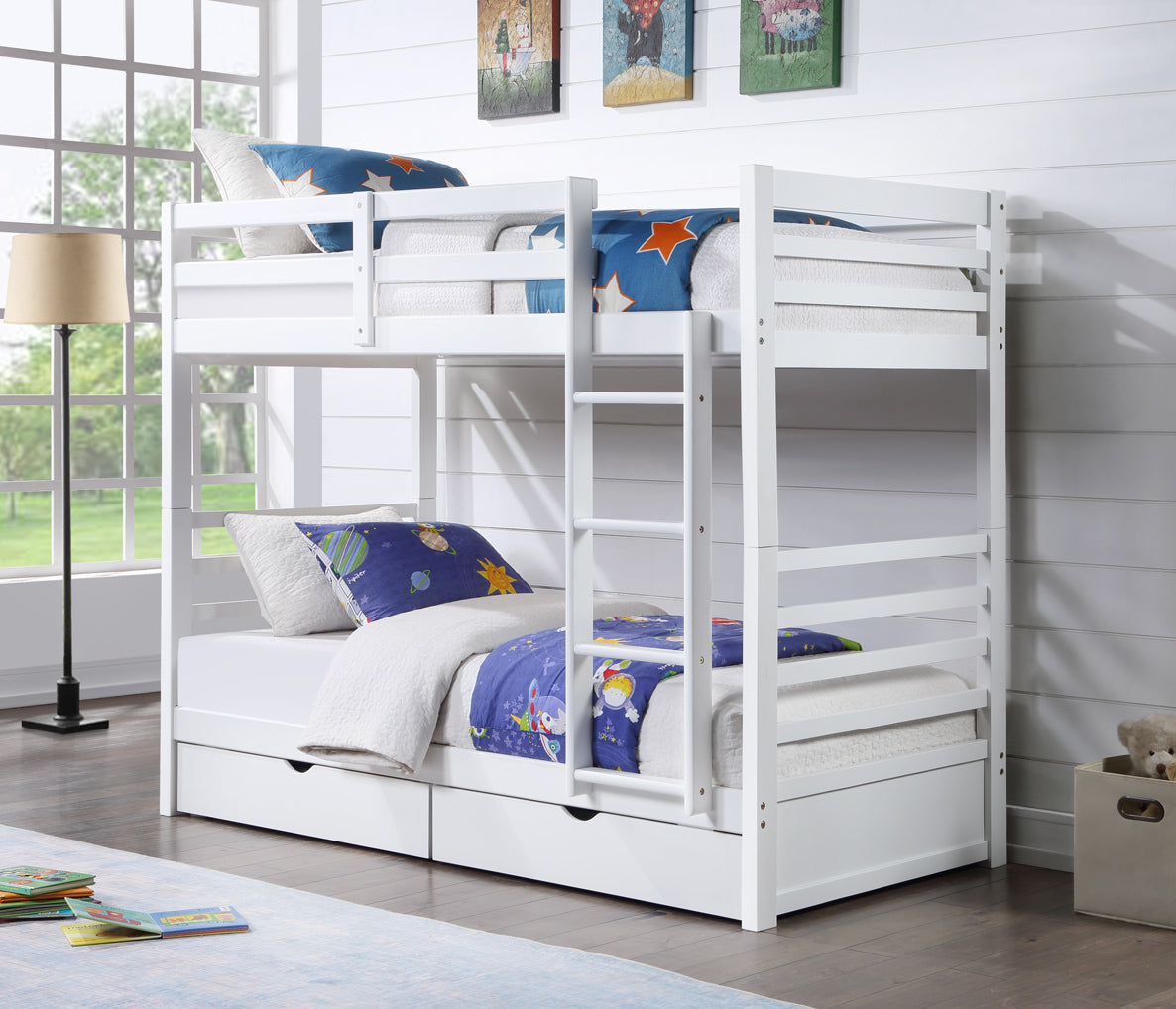 Bunk Bed (S+S) with 2 Bottom Drawers (White) + 2 Mattress Free