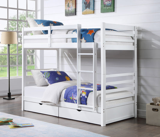 Charlie Bunk Bed (S+S) with 2 Bottom Drawers (White) with 2 Mattresses