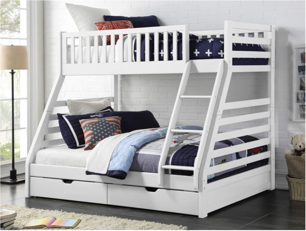 Triple Bunk (D+S) White with 2 Bottom Drawers + 2 FREE Mattress